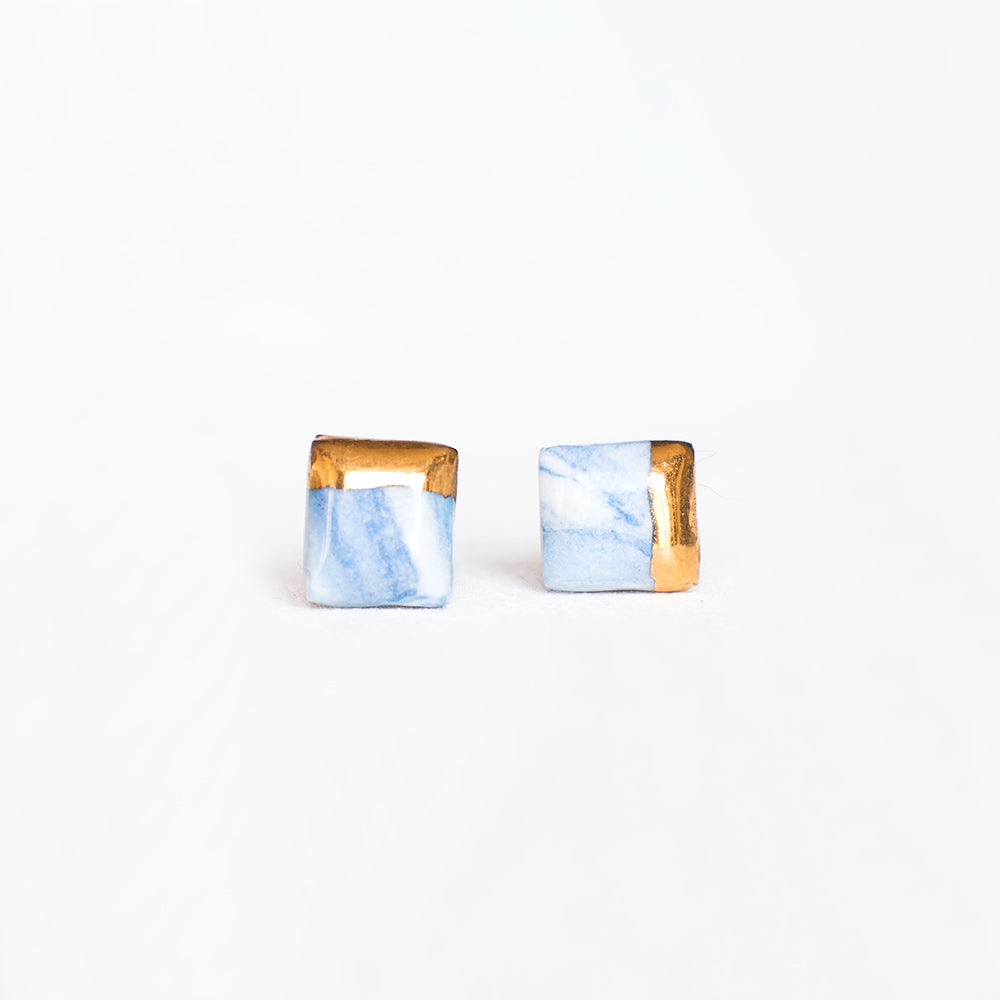 Blue Marble Porcelain with Gold Luster Stud Earrings1