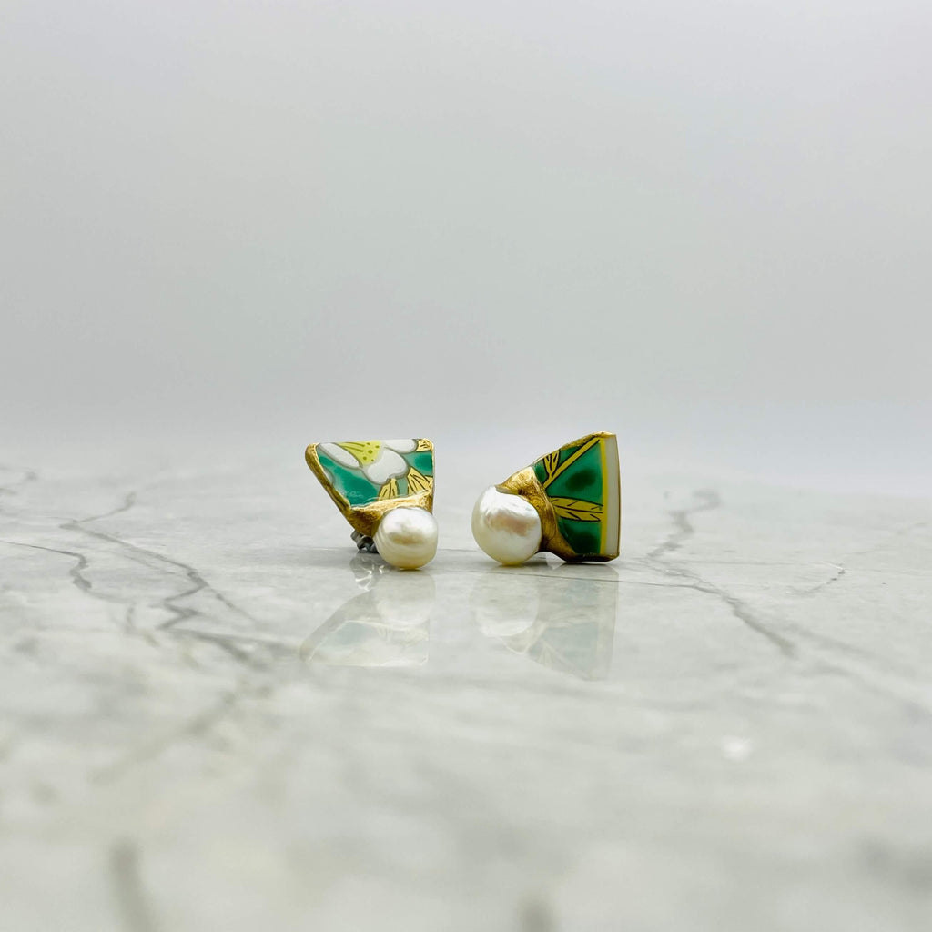 Kintsugi Green Arita Ware Porcelain with Pearl Earrings 1