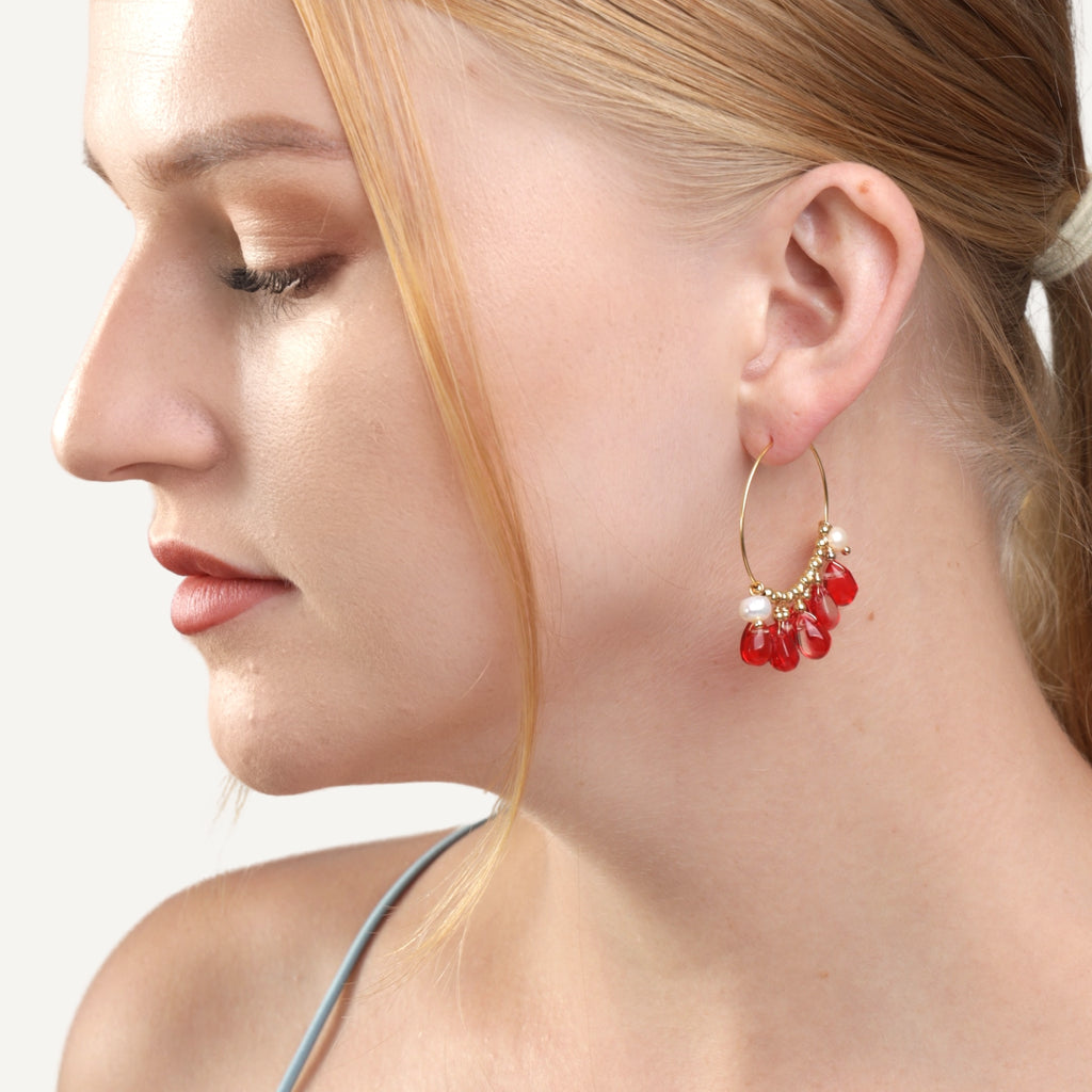 Red Crystal Teardrop Hoop Earrings with model