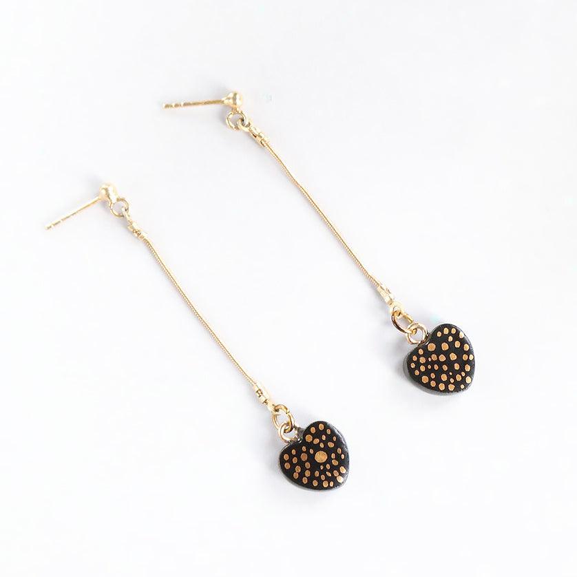 Black Heart With Gold Dot Drop Earrings