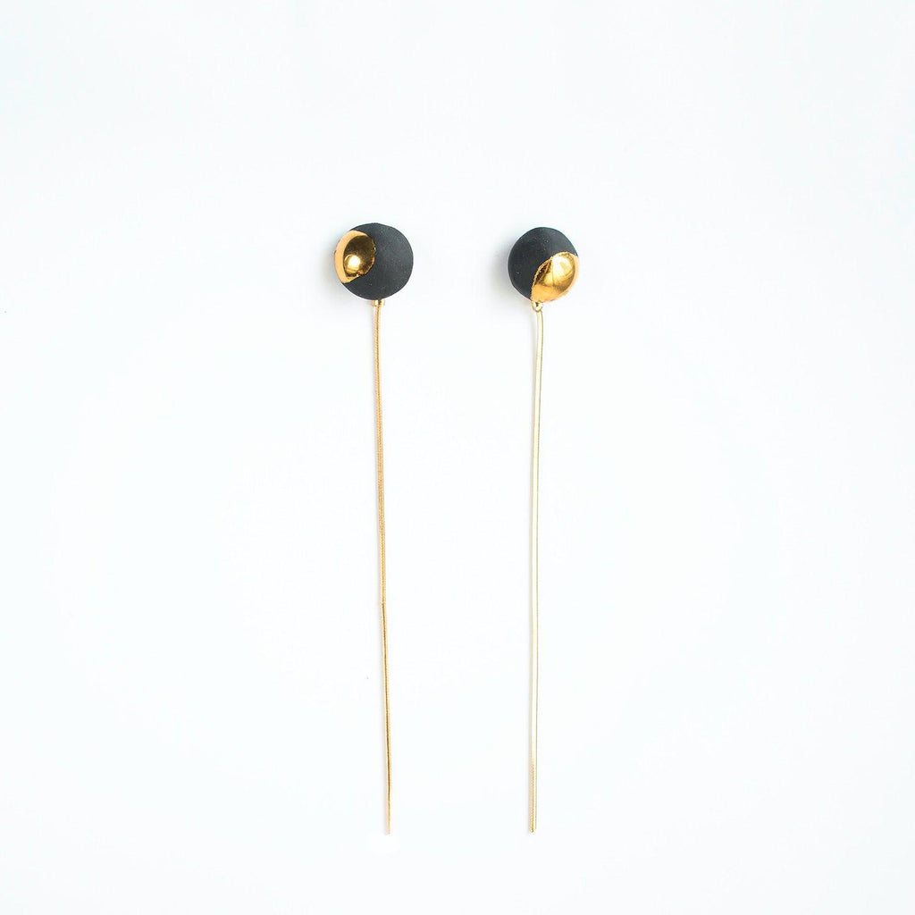 Black Porcelain Stud Earrings with Gold River Chain 1