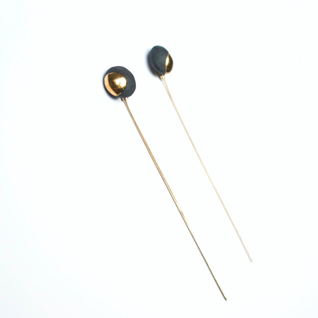 Black Porcelain Stud Earrings with Gold River Chain 2