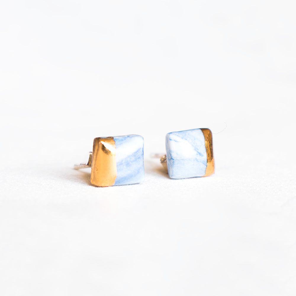Blue Marble Porcelain with Gold Luster Stud Earrings 2