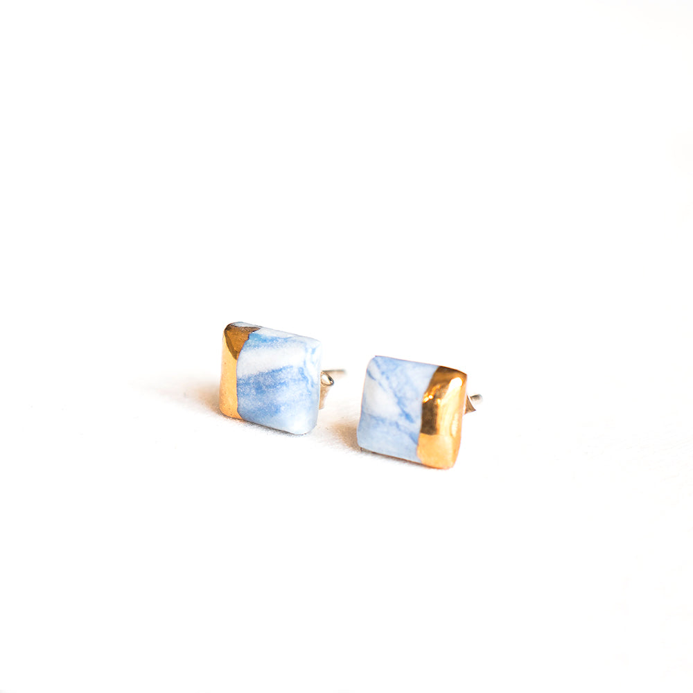 Blue Marble Porcelain with Gold Luster Stud Earrings 3