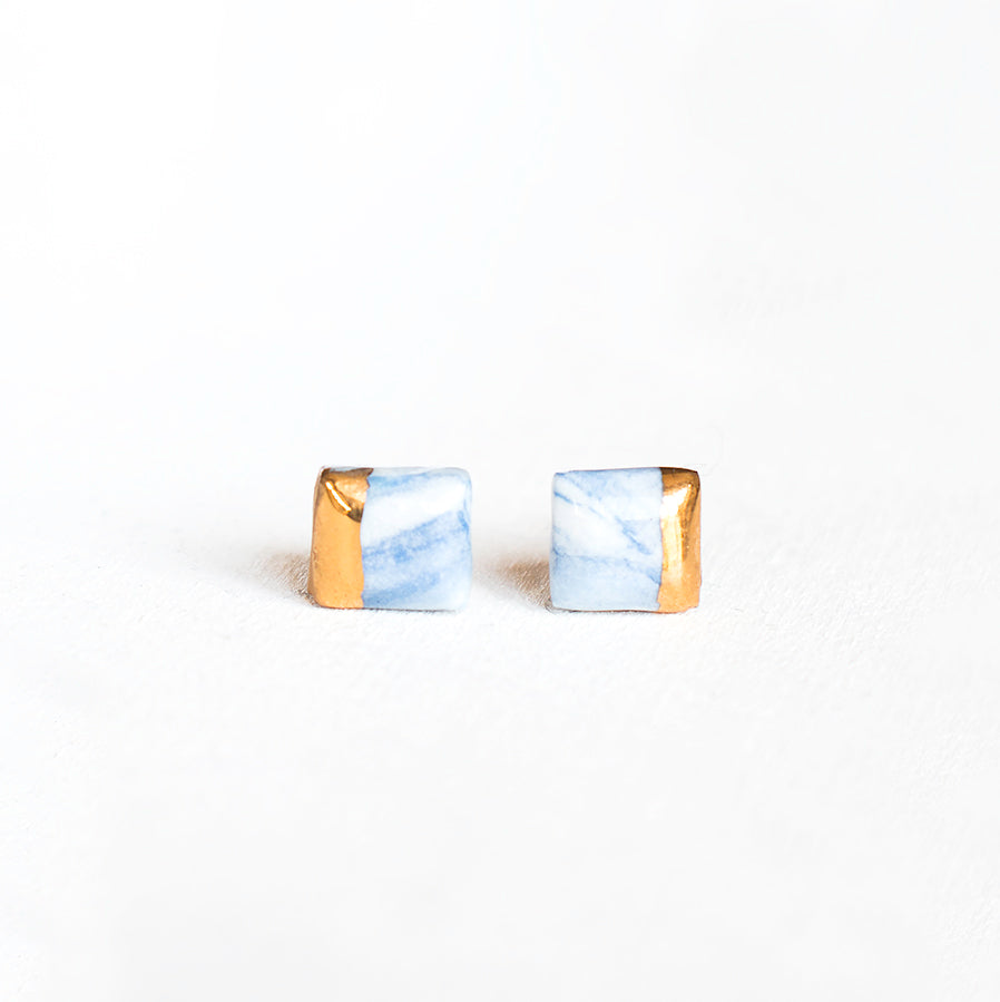Blue Marble Porcelain with Gold Luster Stud Earrings 4