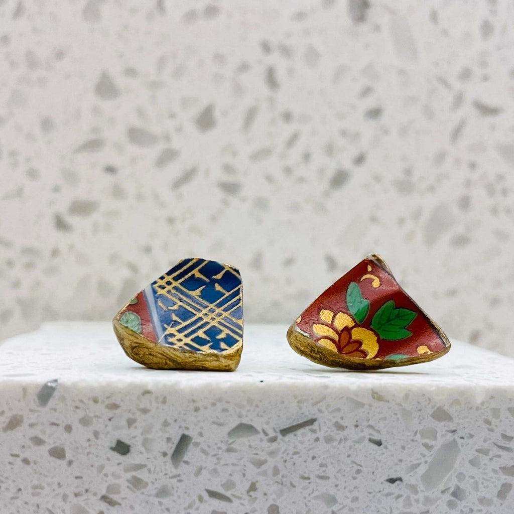 Blue Plaid Kintsugi Arita Ware Porcelain Earrings - Beyond Bling Jewellery