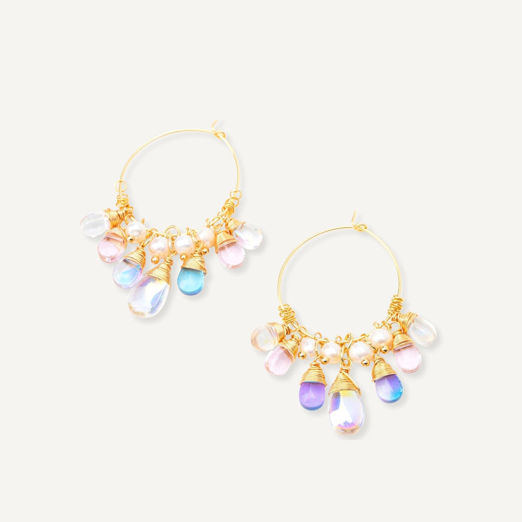 Colorful Stones and Pearls Gold Hoop Earrings