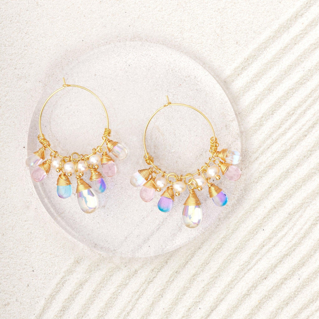 Colorful Stones and Pearls Gold Hoop Earrings 2