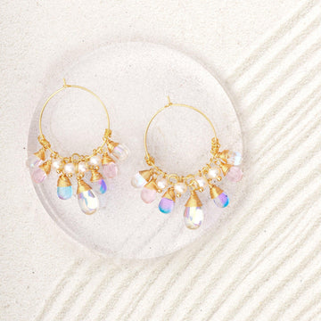 Colorful Stones and Pearls Gold Hoop Earrings 2