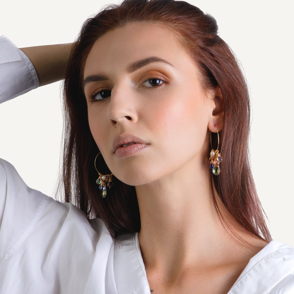 Colorful Stones and Pearls Gold Hoop Earrings - Beyond Bling Jewellery