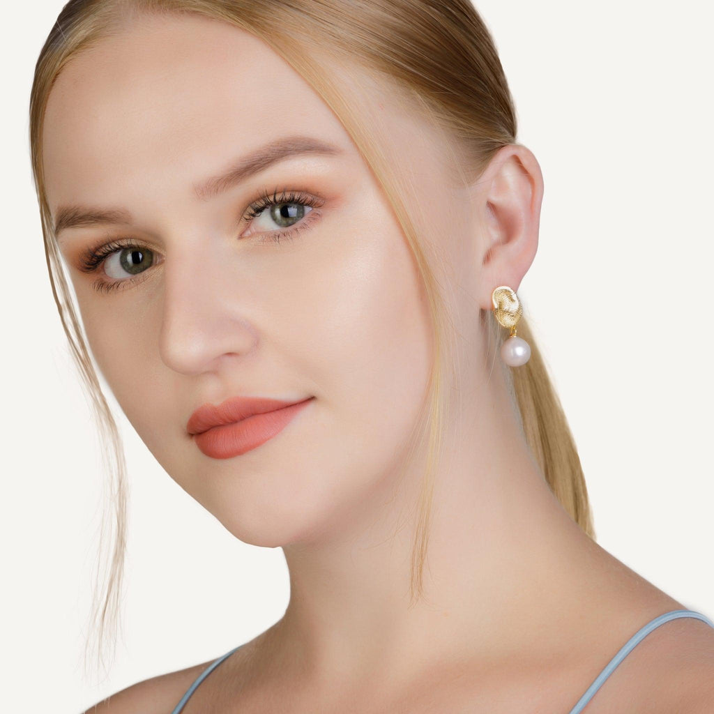 Dainty Freshwater Pearl Earrings with model