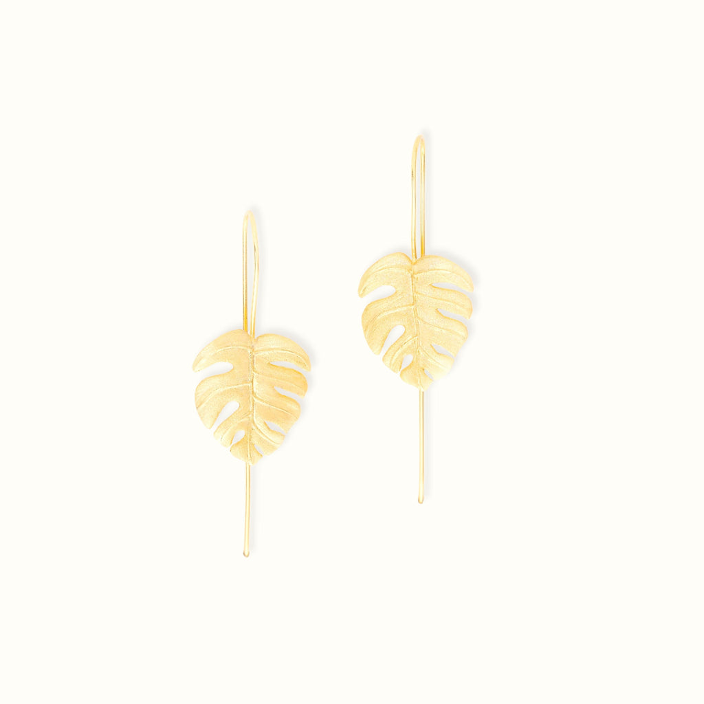 an image of Monstera Leaf Gold Drop Earrings from beyond bling jewellery website.