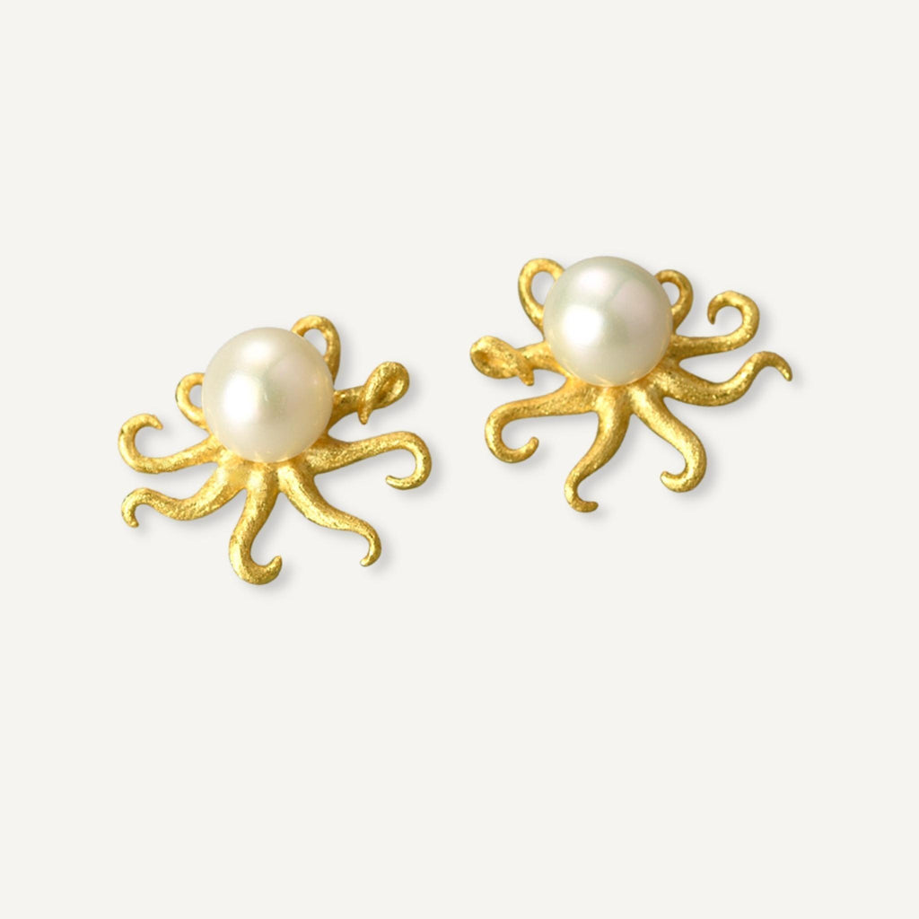 Golden Octopus Pearl Stud Earrings