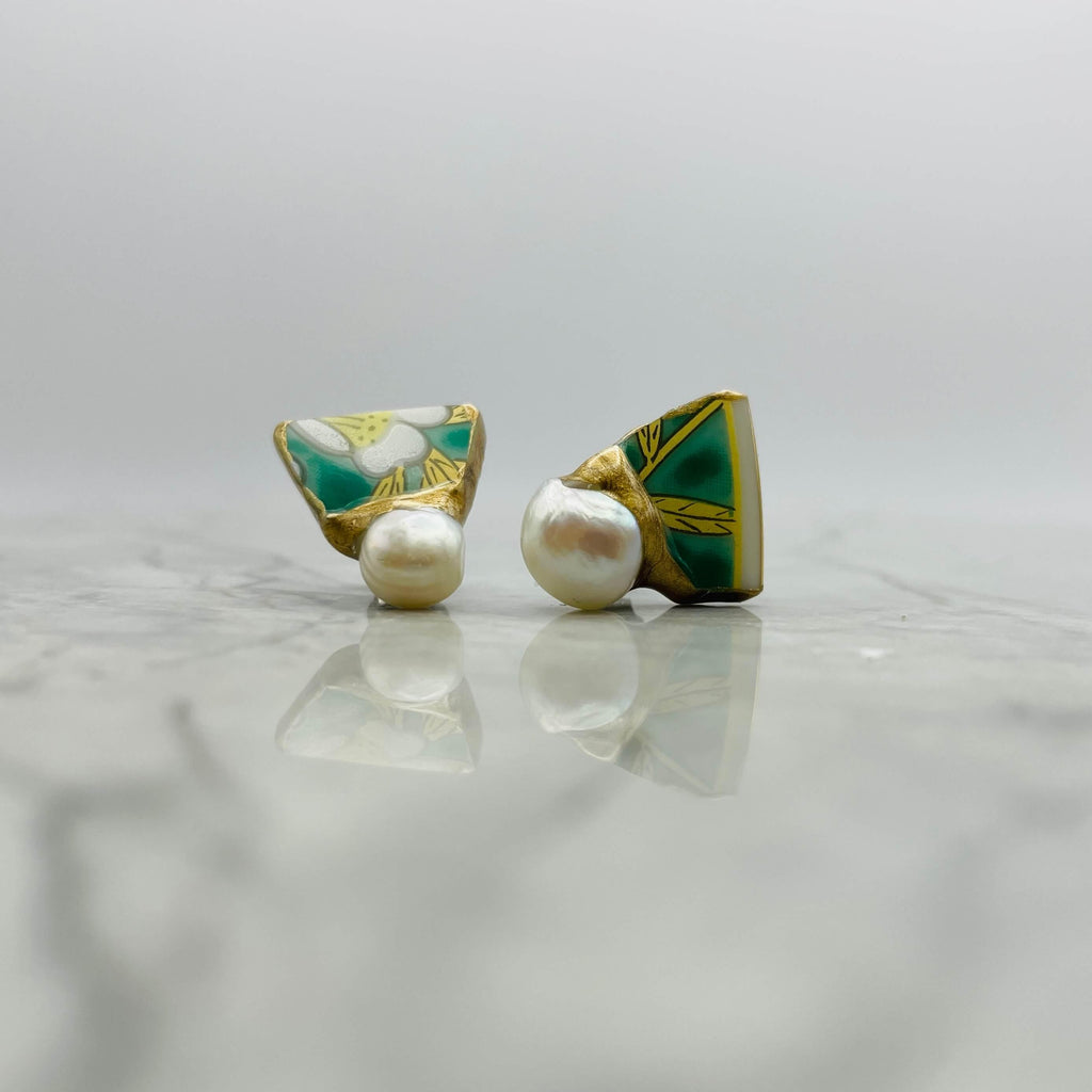 Kintsugi Green Arita Ware Porcelain with Pearl Earrings 2
