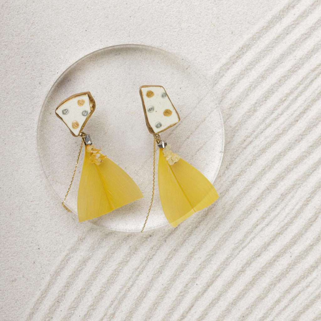 Kintsugi Karatsu Porcelain with Gold Feather Drop Earrings