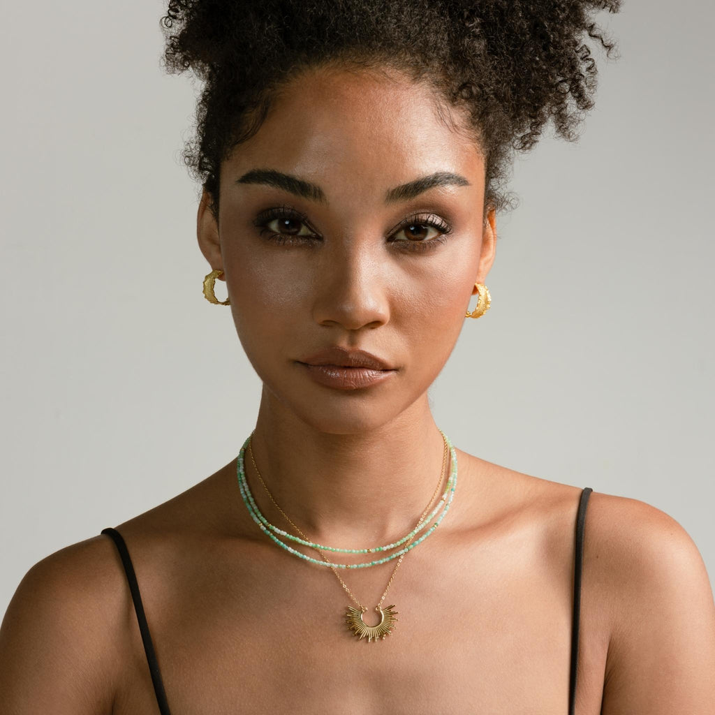 a photo of a model wears Amazonite Gemstones Beaded Necklace from beyond bling jewellery website