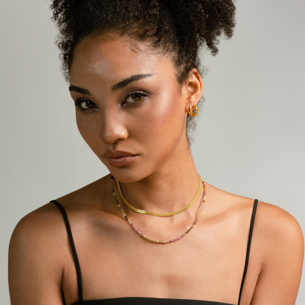 a photo of a model wears Watermelon Tourmaline Gemstones Beaded Necklace on Beyond Bling Jewellery website